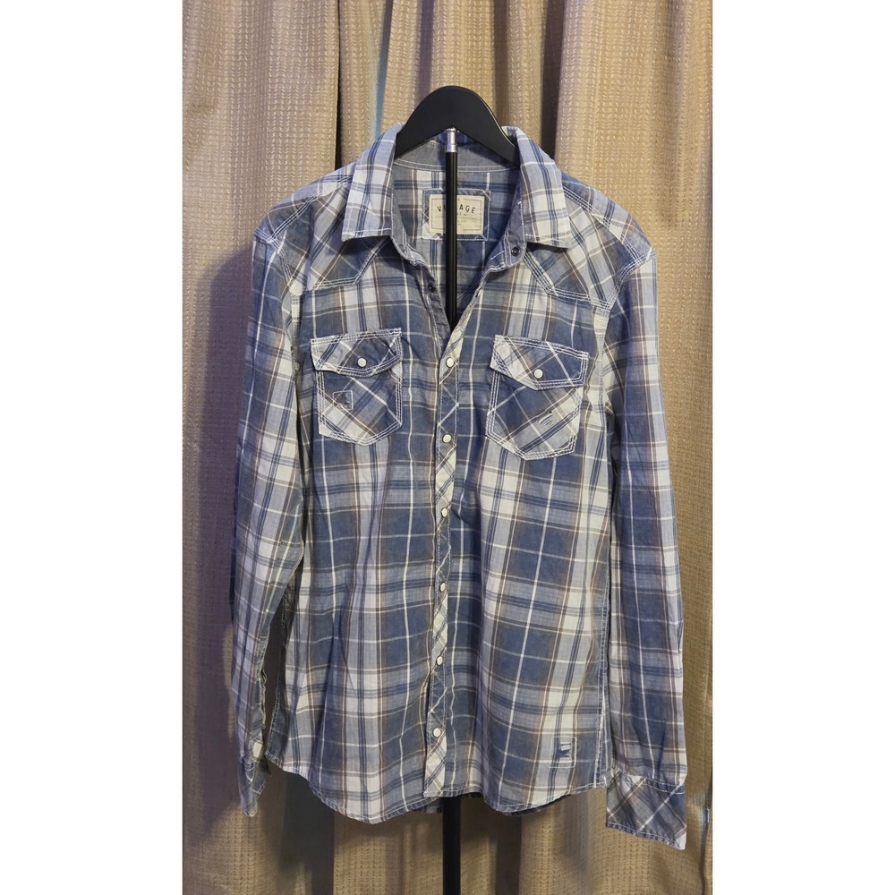 BKE Athletic Fit Long Sleeve Plaid Pearl Snap Shirt Mens Size Large Blue White